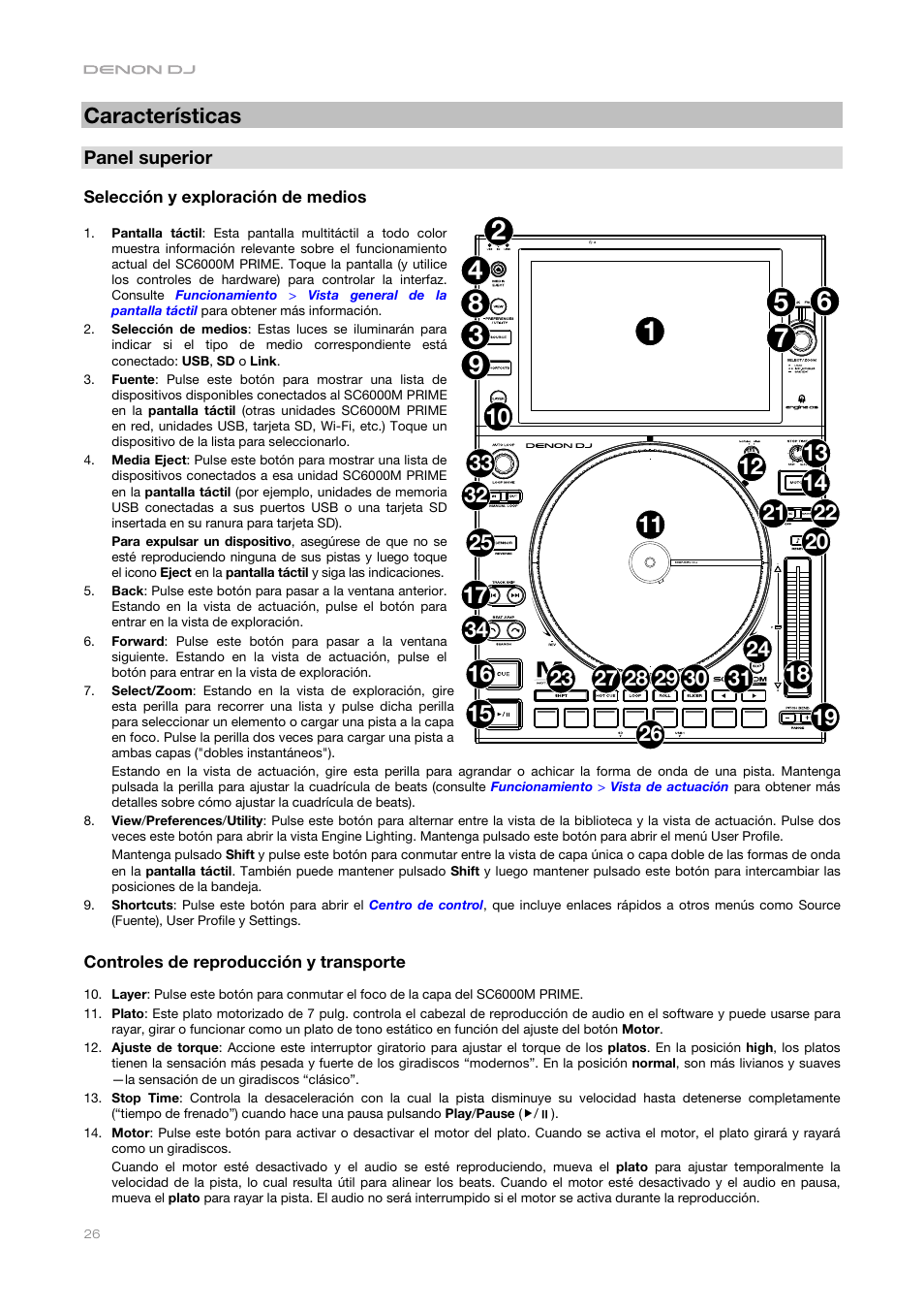 Características, Panel superior, Selección y exploración de medios | Controles de reproducción y transporte | Denon DJ DJ SC6000M Prime Dual-Layer Media Player with 10.1" Multi-Touch Display User Manual | Page 26 / 96