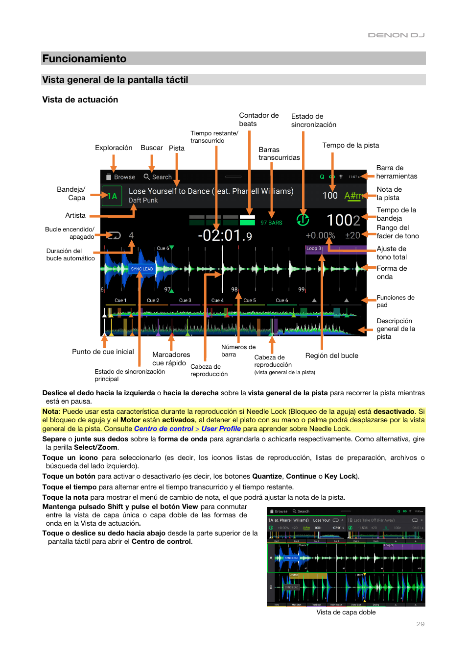 Funcionamiento, Vista general de la pantalla táctil, Vista de actuación | Vista general de la, Pantalla táctil, Para o | Denon DJ DJ SC6000M Prime Dual-Layer Media Player with 10.1" Multi-Touch Display User Manual | Page 29 / 96