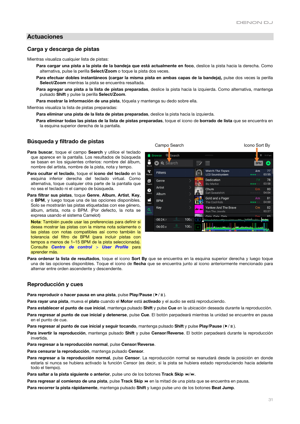 Actuaciones, Carga y descarga de pistas, Búsqueda y filtrado de pistas | Reproducción y cues | Denon DJ DJ SC6000M Prime Dual-Layer Media Player with 10.1" Multi-Touch Display User Manual | Page 31 / 96
