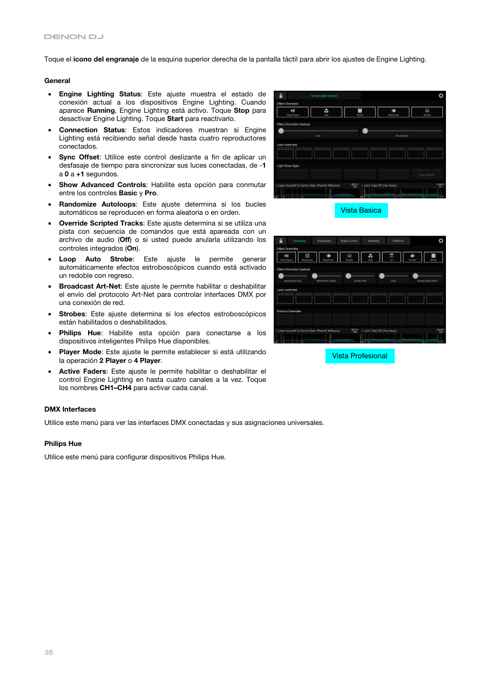 Menú, Settings | Denon DJ DJ SC6000M Prime Dual-Layer Media Player with 10.1" Multi-Touch Display User Manual | Page 38 / 96