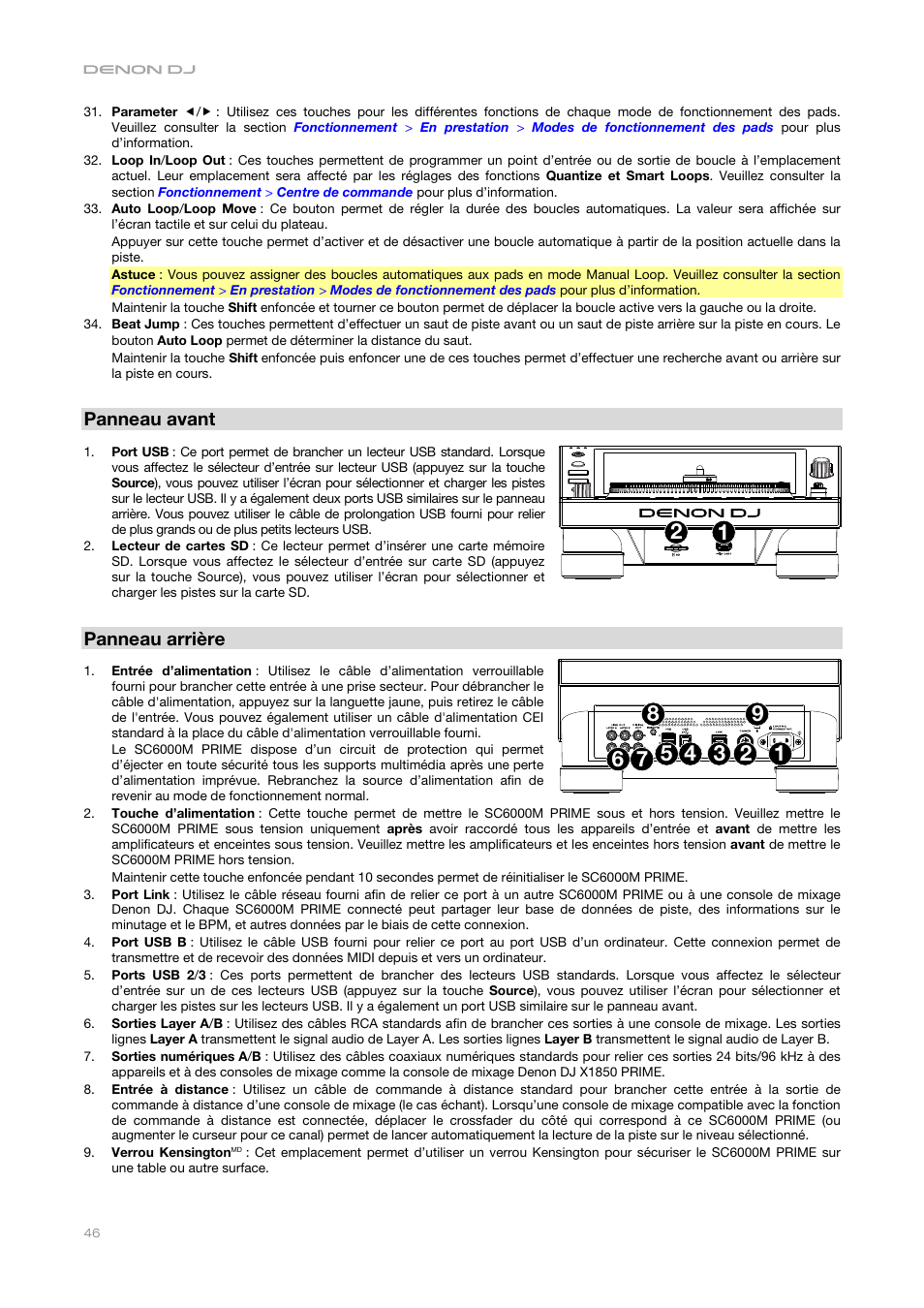 Panneau avant, Panneau arrière | Denon DJ DJ SC6000M Prime Dual-Layer Media Player with 10.1" Multi-Touch Display User Manual | Page 46 / 96