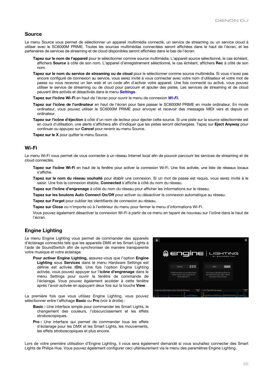 Source, Wi-fi, Engine lighting | Ulter la section, Centre de commande > wi-fi, Et vo | Denon DJ DJ SC6000M Prime Dual-Layer Media Player with 10.1" Multi-Touch Display User Manual | Page 55 / 96