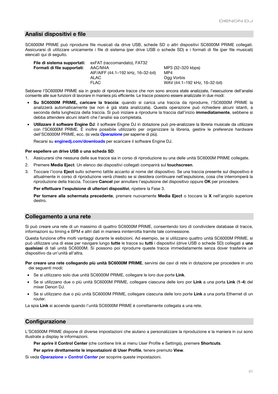Analisi dispositivi e file, Collegamento a una rete, Configurazione | Denon DJ DJ SC6000M Prime Dual-Layer Media Player with 10.1" Multi-Touch Display User Manual | Page 61 / 96