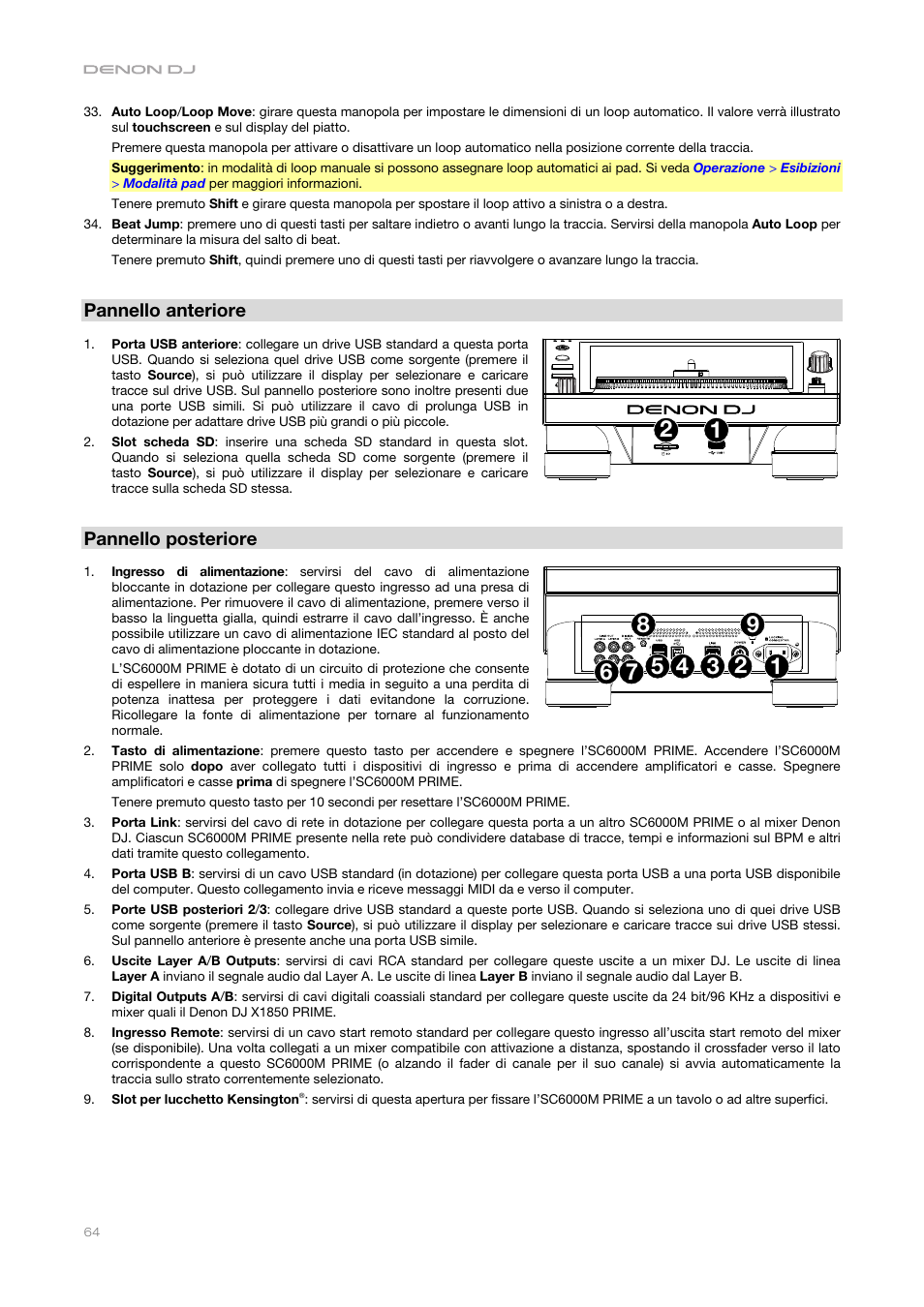 Pannello anteriore, Pannello posteriore | Denon DJ DJ SC6000M Prime Dual-Layer Media Player with 10.1" Multi-Touch Display User Manual | Page 64 / 96