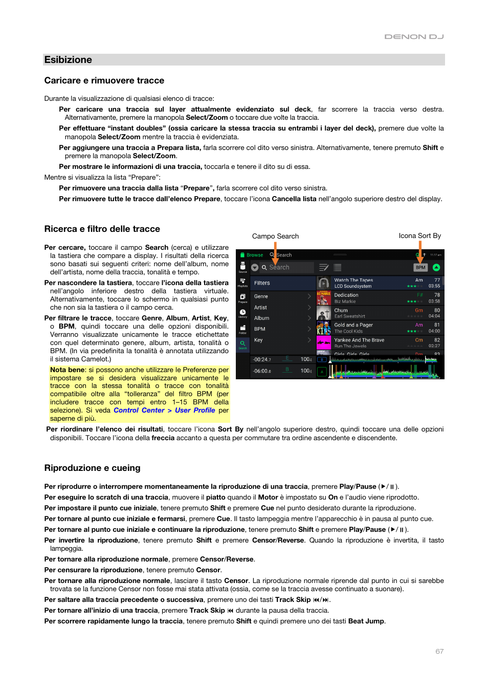 Esibizione, Caricare e rimuovere tracce, Ricerca e filtro delle tracce | Riproduzione e cueing | Denon DJ DJ SC6000M Prime Dual-Layer Media Player with 10.1" Multi-Touch Display User Manual | Page 67 / 96