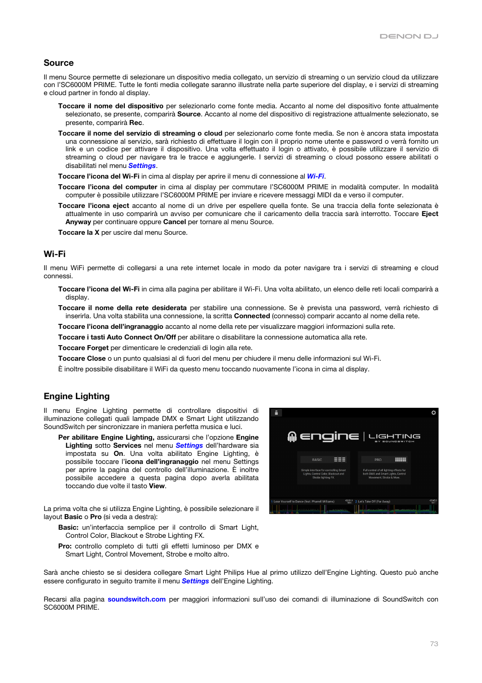 Source, Wi-fi, Engine lighting | Ques | Denon DJ DJ SC6000M Prime Dual-Layer Media Player with 10.1" Multi-Touch Display User Manual | Page 73 / 96