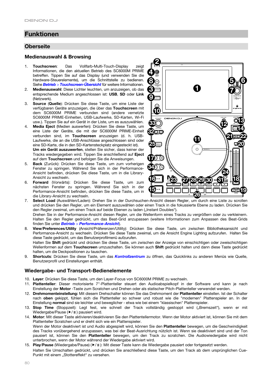 Funktionen, Oberseite, Medienauswahl & browsing | Wiedergabe- und transport-bedienelemente | Denon DJ DJ SC6000M Prime Dual-Layer Media Player with 10.1" Multi-Touch Display User Manual | Page 80 / 96