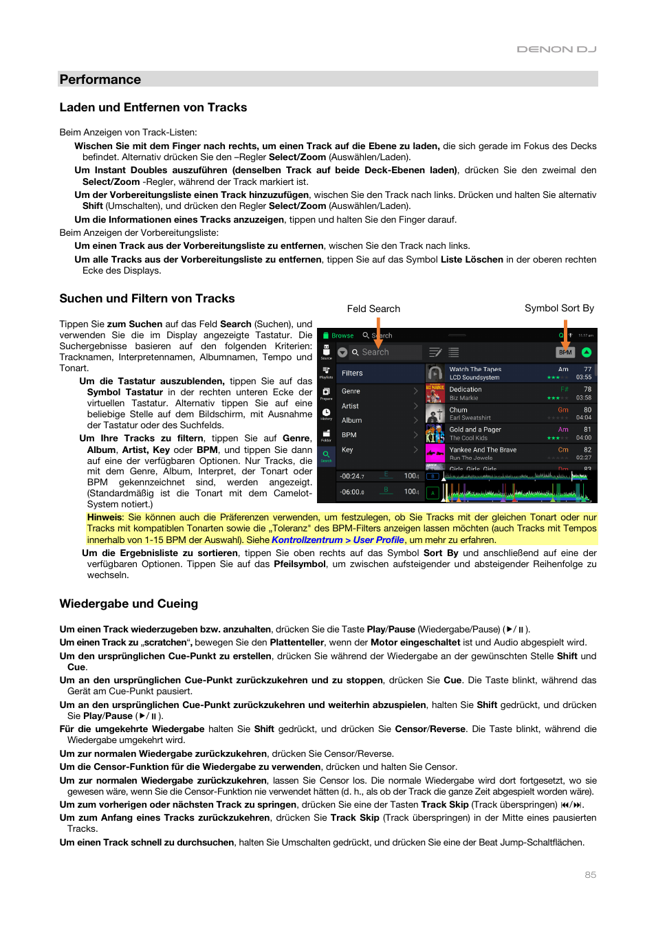 Performance, Laden und entfernen von tracks, Suchen und filtern von tracks | Wiedergabe und cueing | Denon DJ DJ SC6000M Prime Dual-Layer Media Player with 10.1" Multi-Touch Display User Manual | Page 85 / 96