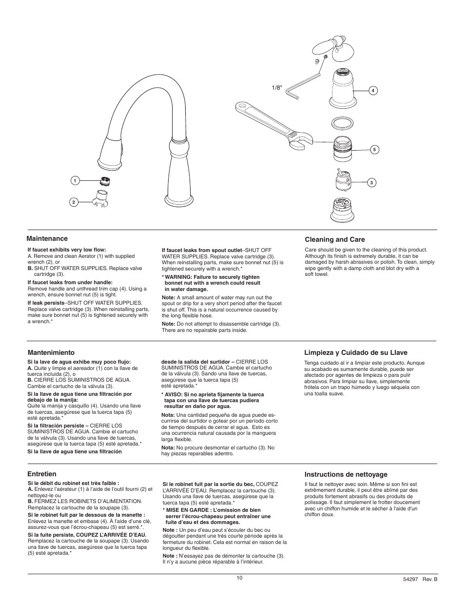 Maintenance, Mantenimiento entretien cleaning and care, Instructions de nettoyage | Limpieza y cuidado de su llave | Delta Victorian 542975 User Manual | Page 10 / 12