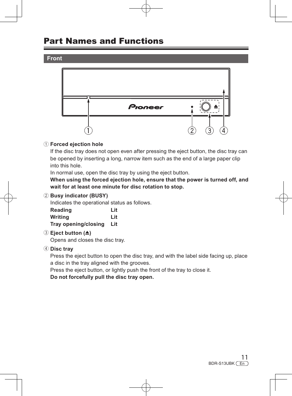 Part names and functions | Pioneer BDR-S13UBK Internal Blu-ray Writer with M-DISC Support User Manual | Page 11 / 48