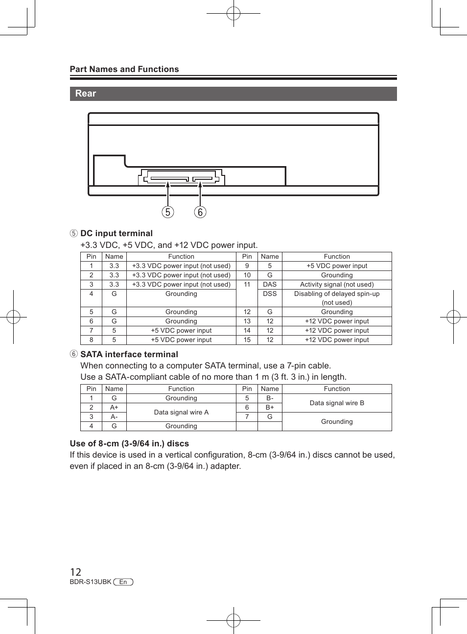 Rear, Part names and functions | Pioneer BDR-S13UBK Internal Blu-ray Writer with M-DISC Support User Manual | Page 12 / 48