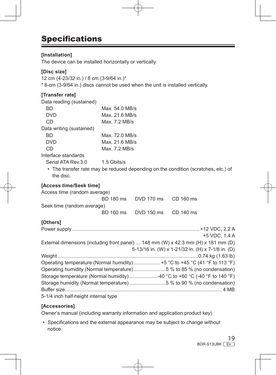 Specifications | Pioneer BDR-S13UBK Internal Blu-ray Writer with M-DISC Support User Manual | Page 19 / 48