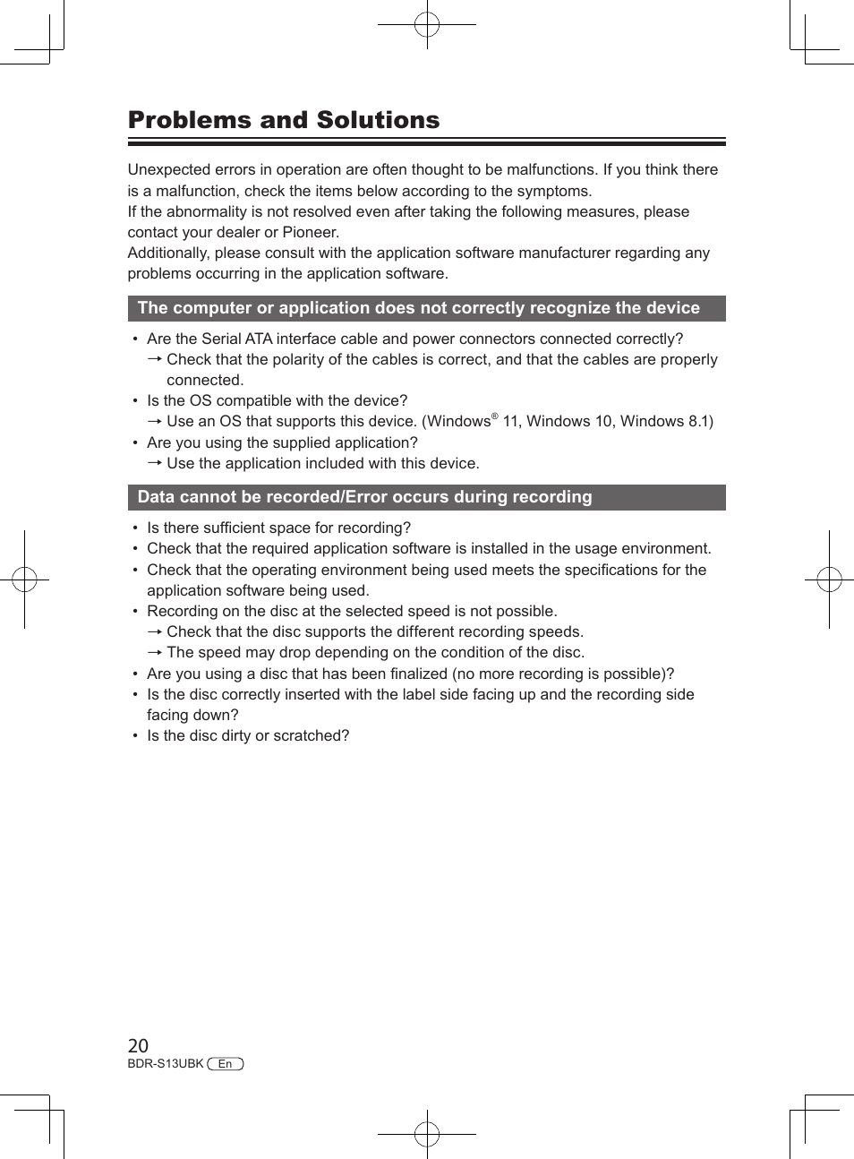 Problems and solutions | Pioneer BDR-S13UBK Internal Blu-ray Writer with M-DISC Support User Manual | Page 20 / 48