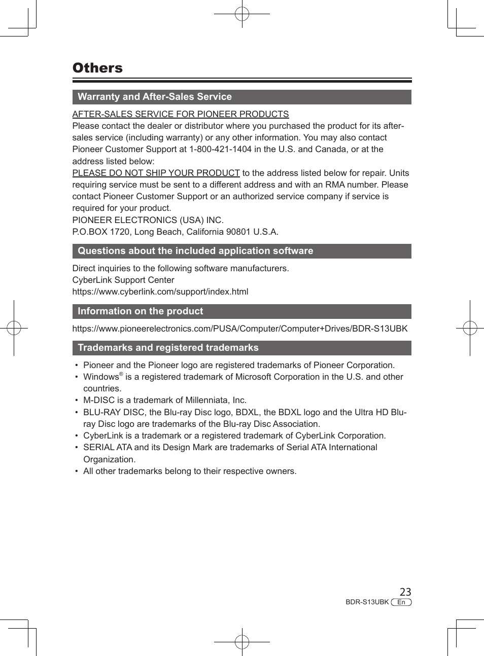 Others | Pioneer BDR-S13UBK Internal Blu-ray Writer with M-DISC Support User Manual | Page 23 / 48