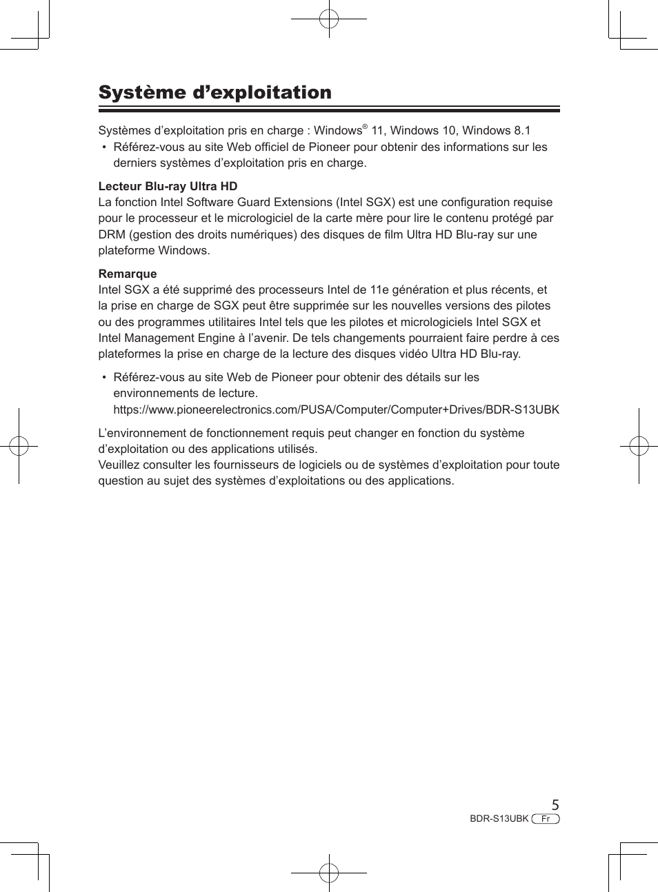Système d’exploitation | Pioneer BDR-S13UBK Internal Blu-ray Writer with M-DISC Support User Manual | Page 27 / 48