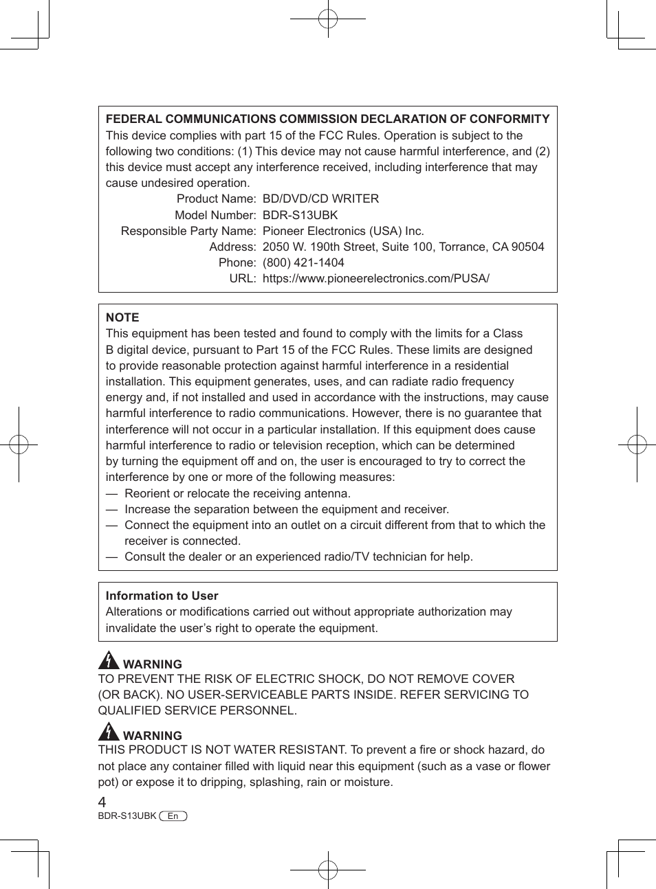 Pioneer BDR-S13UBK Internal Blu-ray Writer with M-DISC Support User Manual | Page 4 / 48