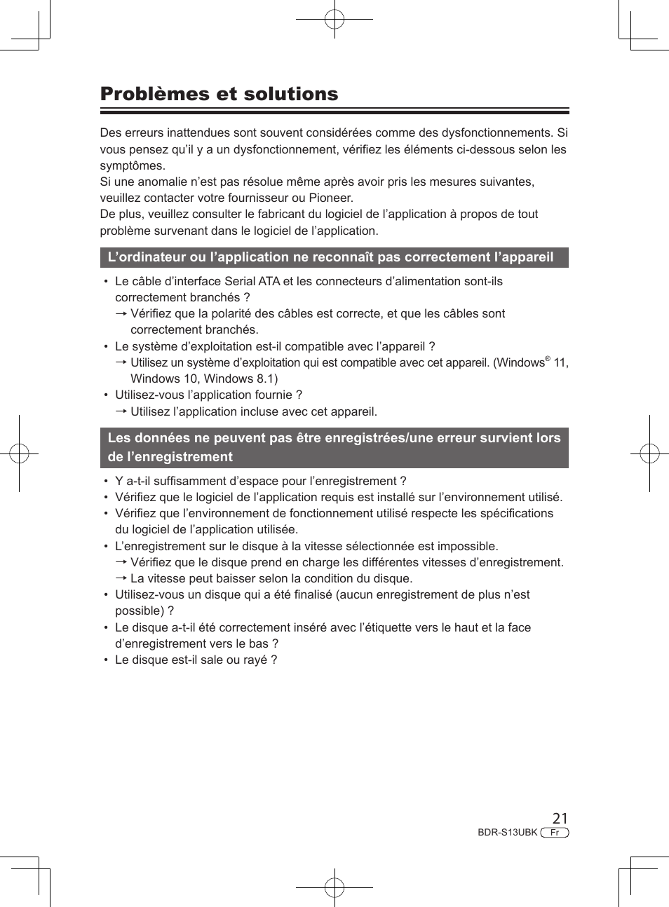 Problèmes et solutions | Pioneer BDR-S13UBK Internal Blu-ray Writer with M-DISC Support User Manual | Page 43 / 48