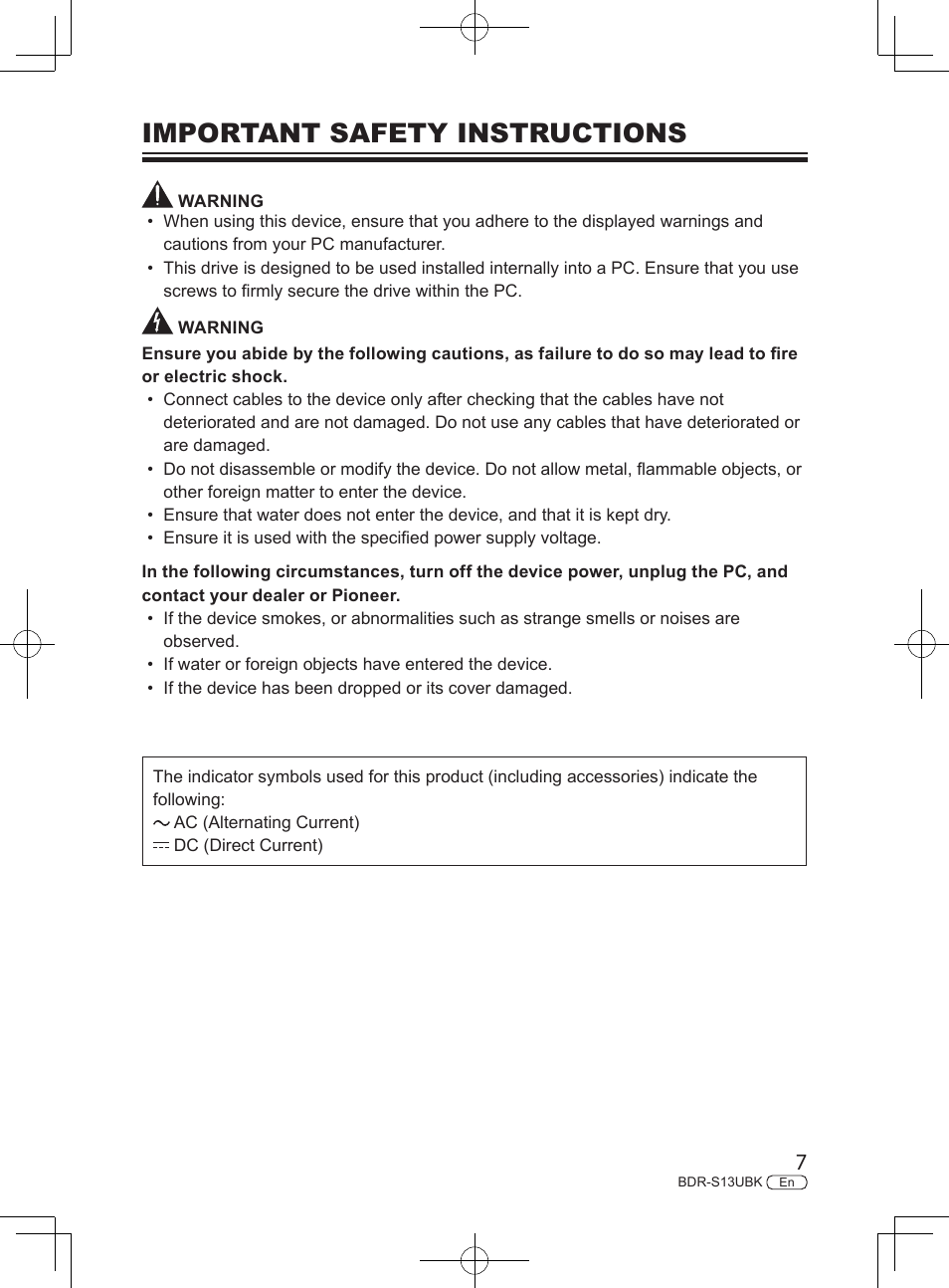 Important safety instructions | Pioneer BDR-S13UBK Internal Blu-ray Writer with M-DISC Support User Manual | Page 7 / 48