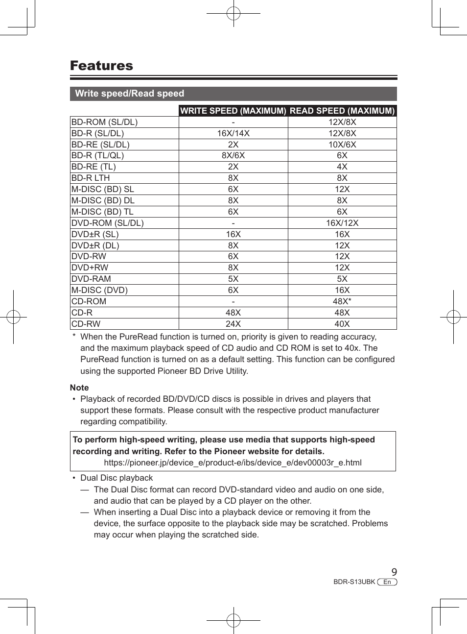 Features | Pioneer BDR-S13UBK Internal Blu-ray Writer with M-DISC Support User Manual | Page 9 / 48