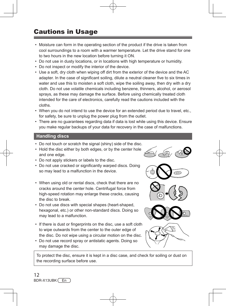 Cautions in usage | Pioneer BDR-X13UBK External USB 3.2 Gen 1 Blu-Ray Drive with M-DISC Support User Manual | Page 12 / 64