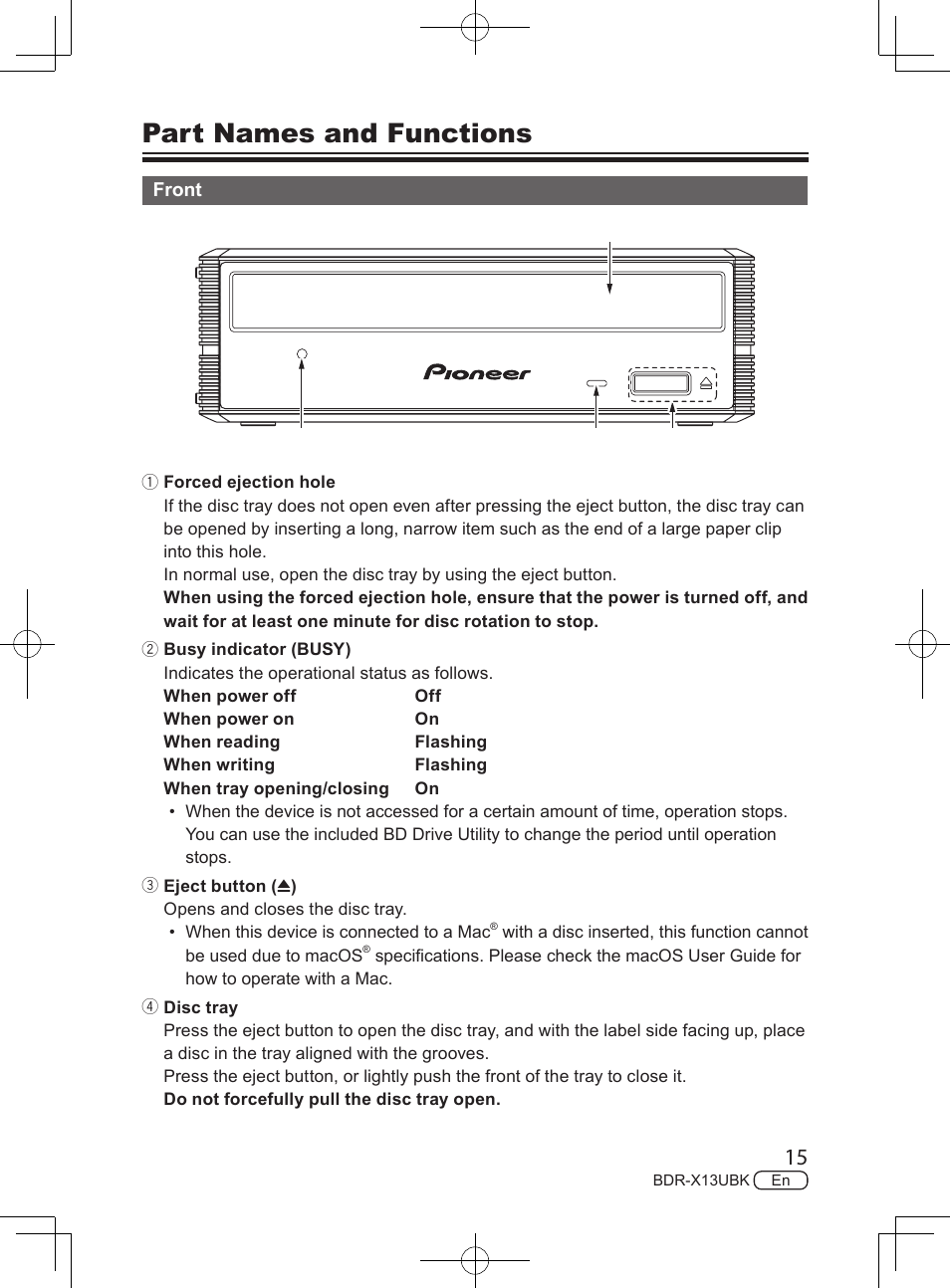 Part names and functions | Pioneer BDR-X13UBK External USB 3.2 Gen 1 Blu-Ray Drive with M-DISC Support User Manual | Page 15 / 64