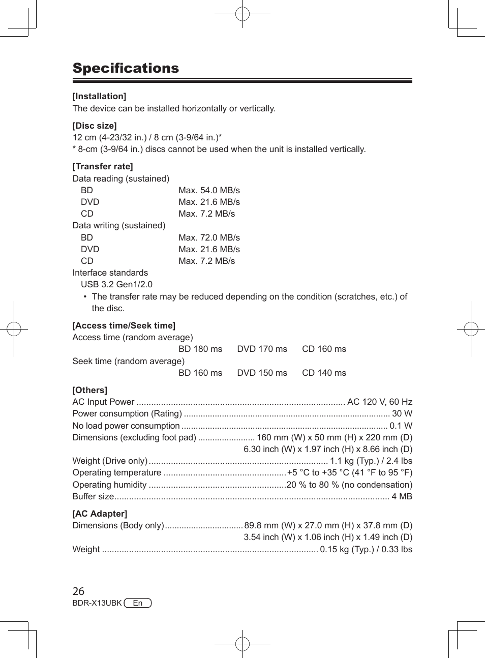 Specifications | Pioneer BDR-X13UBK External USB 3.2 Gen 1 Blu-Ray Drive with M-DISC Support User Manual | Page 26 / 64
