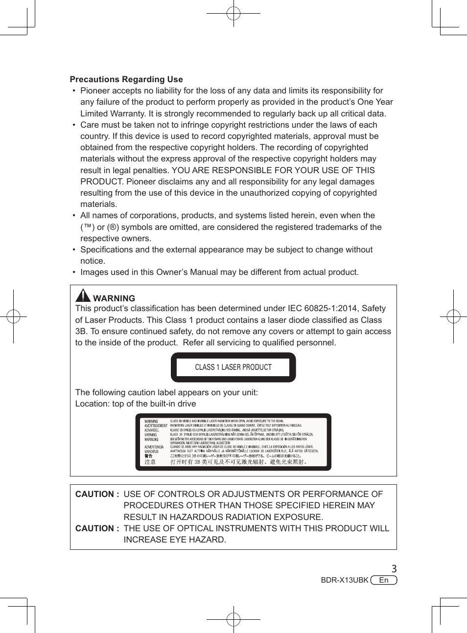 Pioneer BDR-X13UBK External USB 3.2 Gen 1 Blu-Ray Drive with M-DISC Support User Manual | Page 3 / 64