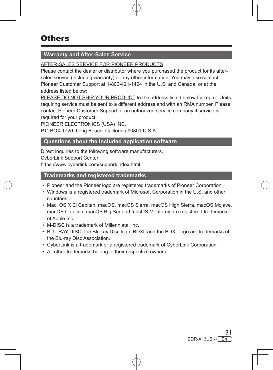 Others | Pioneer BDR-X13UBK External USB 3.2 Gen 1 Blu-Ray Drive with M-DISC Support User Manual | Page 31 / 64