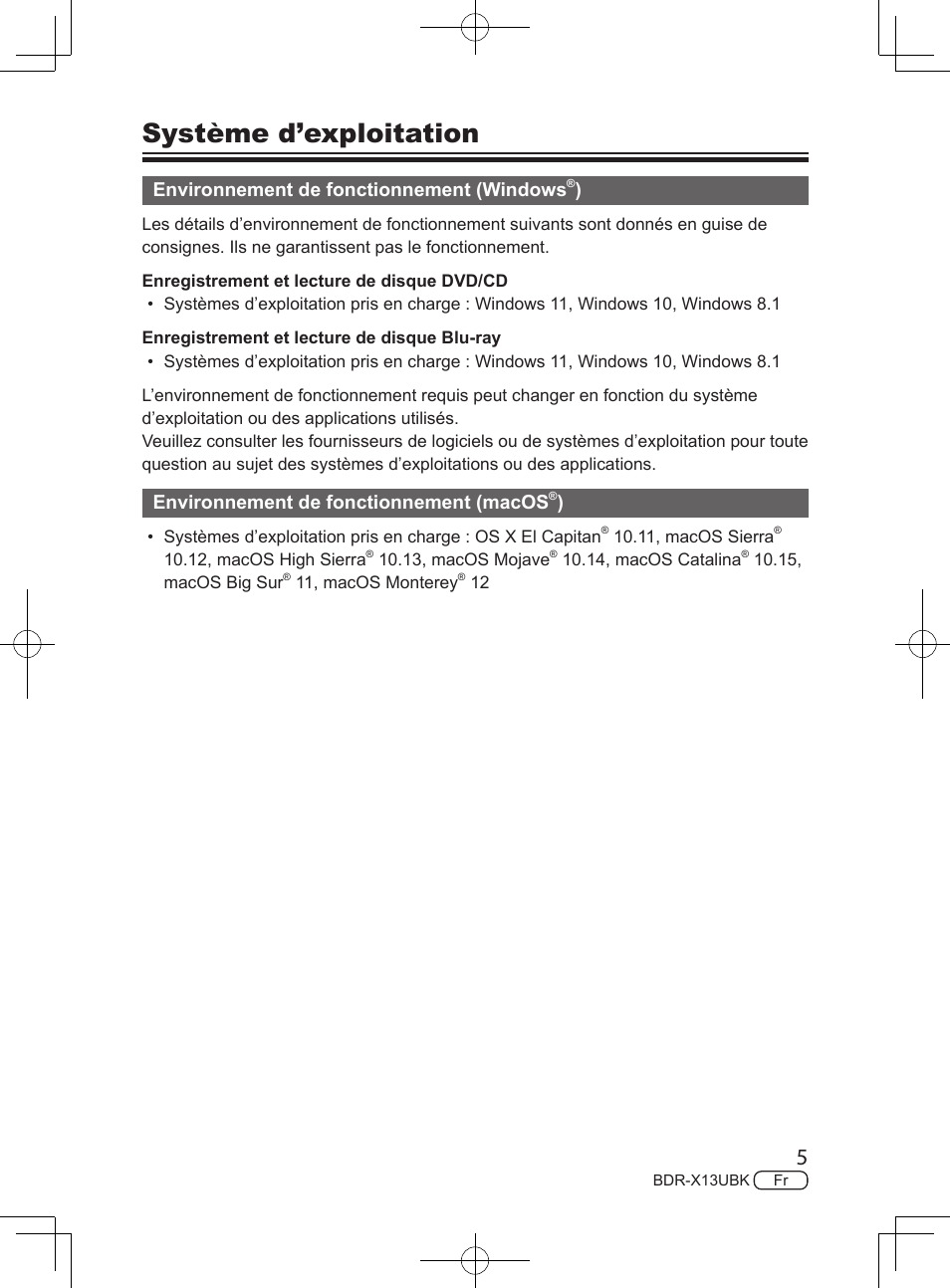 Système d’exploitation, Environnement de fonctionnement (windows, Environnement de fonctionnement (macos | Pioneer BDR-X13UBK External USB 3.2 Gen 1 Blu-Ray Drive with M-DISC Support User Manual | Page 35 / 64