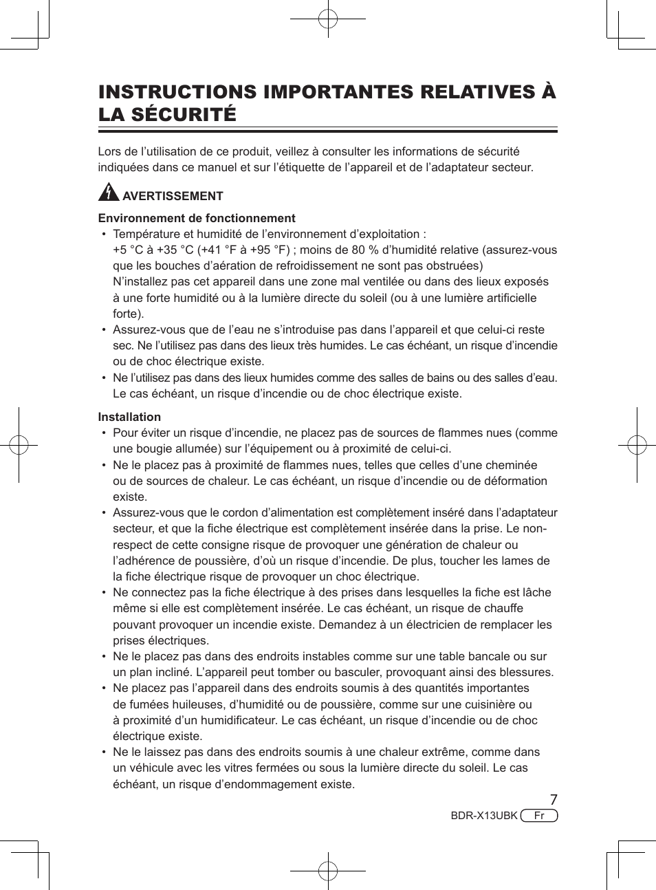 Instructions importantes relatives à la sécurité | Pioneer BDR-X13UBK External USB 3.2 Gen 1 Blu-Ray Drive with M-DISC Support User Manual | Page 37 / 64
