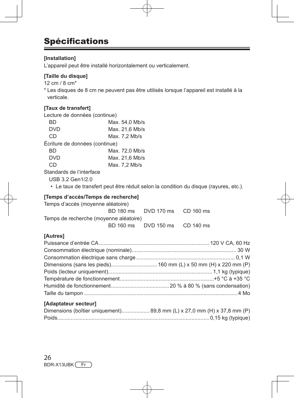 Spécifications | Pioneer BDR-X13UBK External USB 3.2 Gen 1 Blu-Ray Drive with M-DISC Support User Manual | Page 56 / 64
