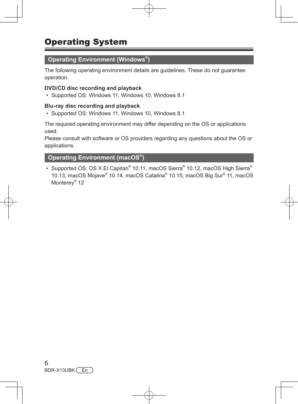 Operating system, Operating environment (windows, Operating environment (macos | Pioneer BDR-X13UBK External USB 3.2 Gen 1 Blu-Ray Drive with M-DISC Support User Manual | Page 6 / 64