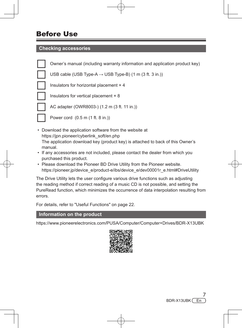 Before use | Pioneer BDR-X13UBK External USB 3.2 Gen 1 Blu-Ray Drive with M-DISC Support User Manual | Page 7 / 64