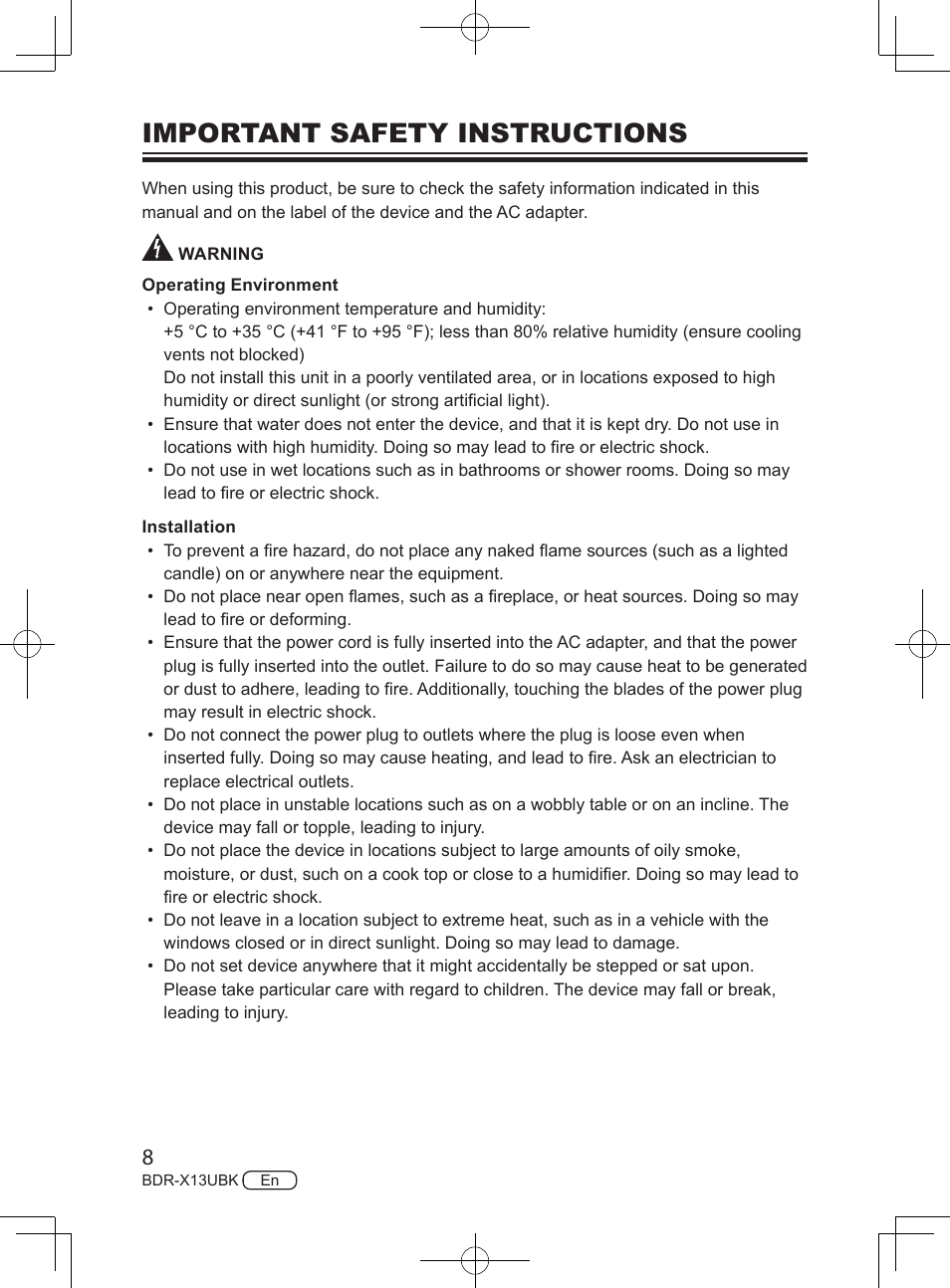 Important safety instructions | Pioneer BDR-X13UBK External USB 3.2 Gen 1 Blu-Ray Drive with M-DISC Support User Manual | Page 8 / 64