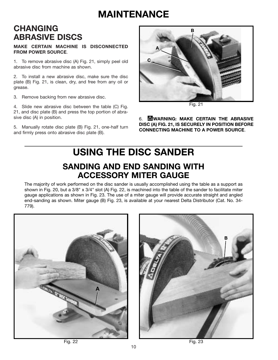 Maintenance, Using the disc sander, Changing abrasive discs | Sanding and end sanding with accessory miter gauge | Delta 31-120 User Manual | Page 10 / 12