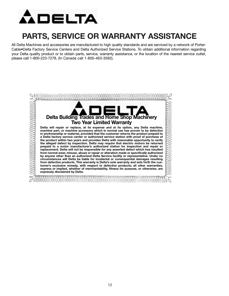 Parts, service or warranty assistance | Delta 31-120 User Manual | Page 12 / 12