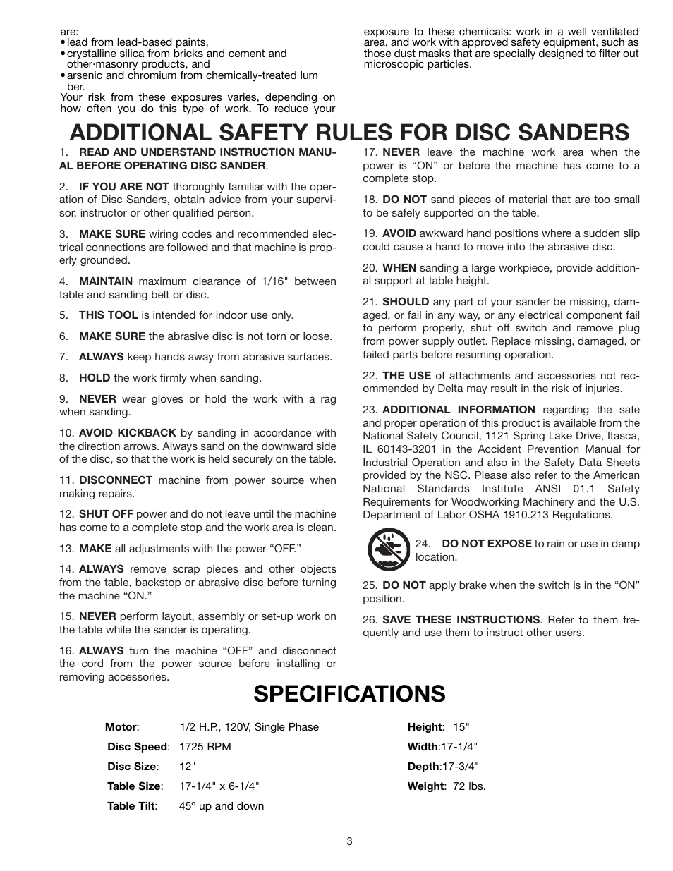 Additional safety rules for disc sanders, Specifications | Delta 31-120 User Manual | Page 3 / 12