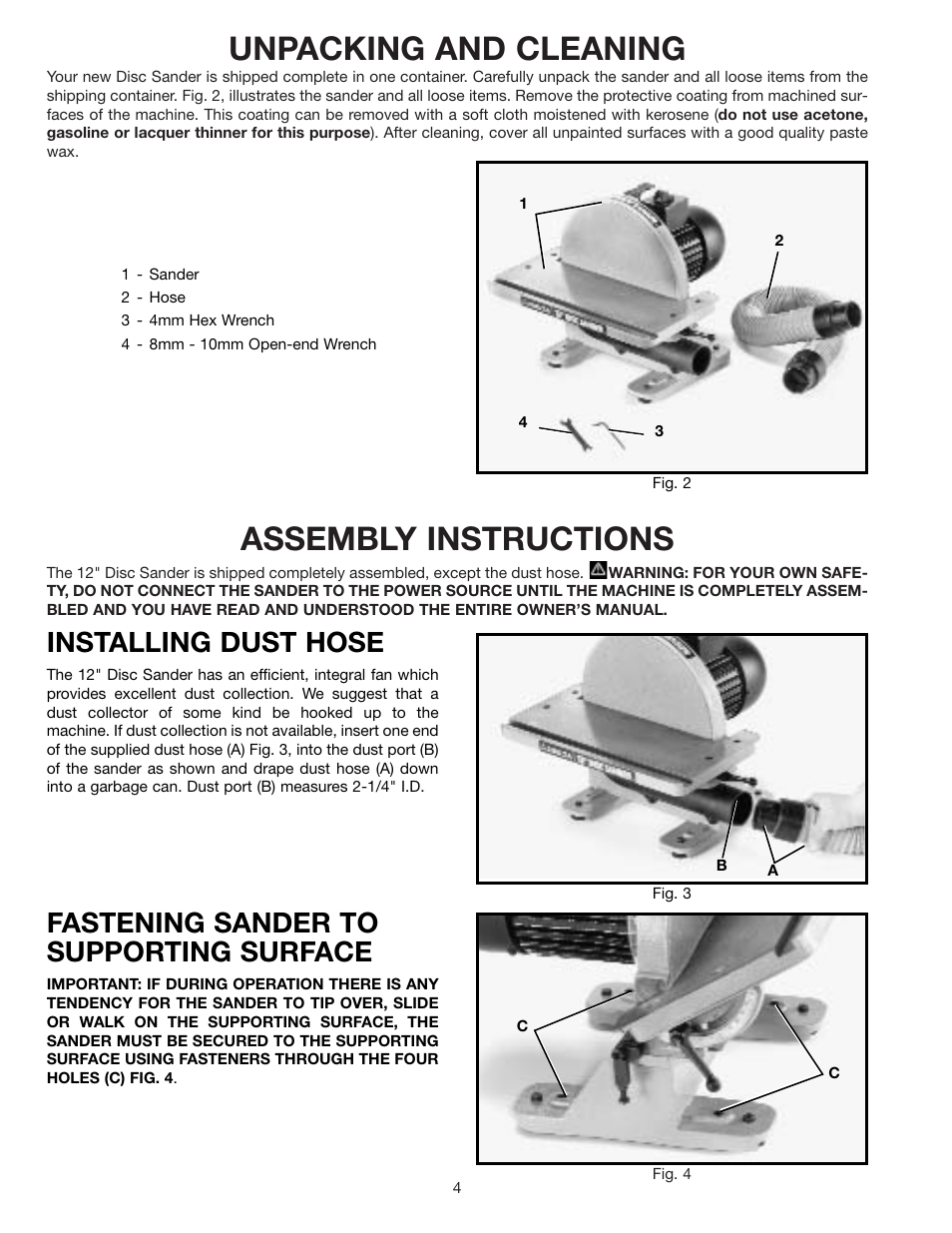 Unpacking and cleaning, Assembly instructions, Installing dust hose | Fastening sander to supporting surface | Delta 31-120 User Manual | Page 4 / 12