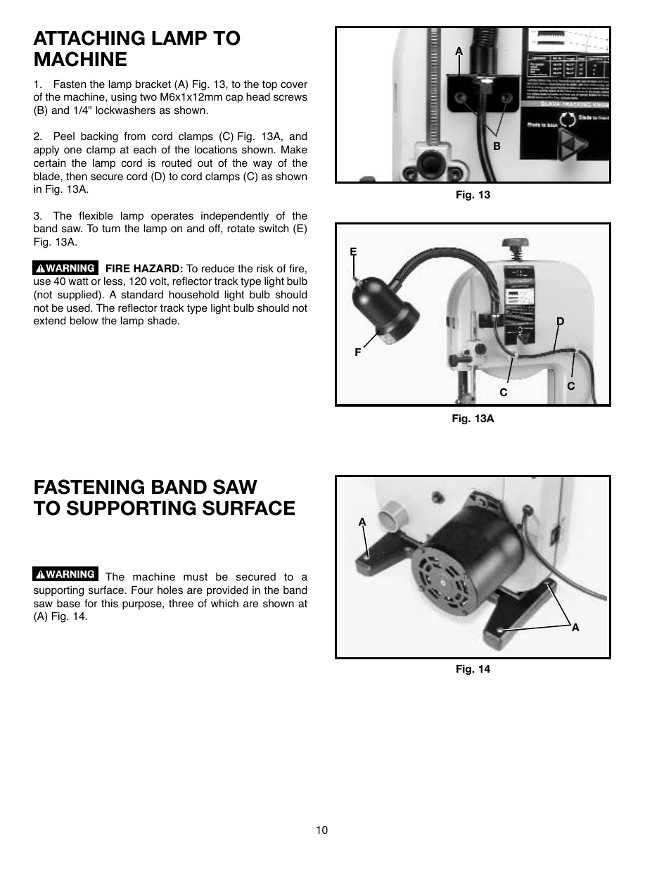 Attaching lamp to machine, Fastening band saw to supporting surface | Delta ShopMaster SM400 User Manual | Page 10 / 72