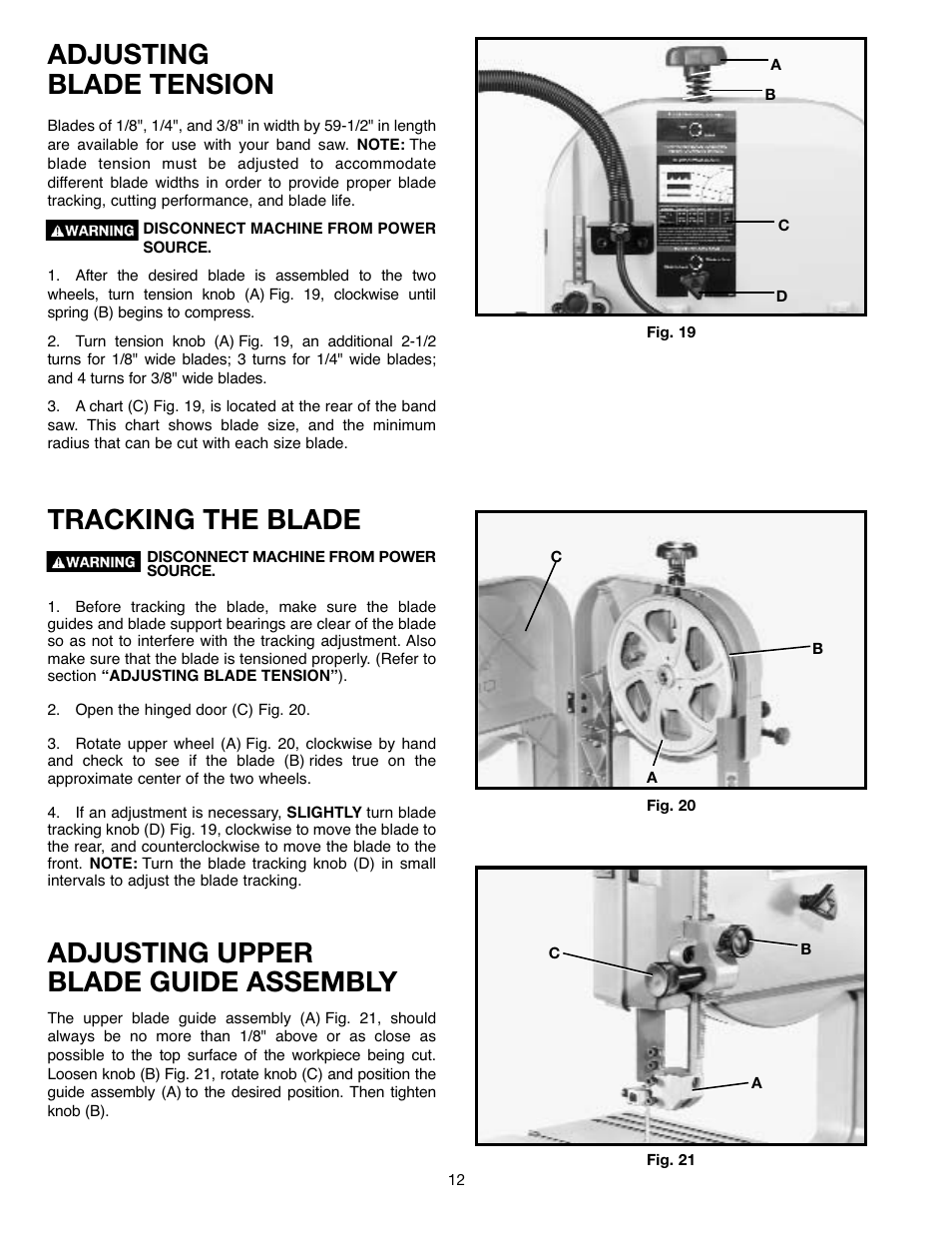 Adjusting blade tension, Tracking the blade, Adjusting upper blade guide assembly | Delta ShopMaster SM400 User Manual | Page 12 / 72