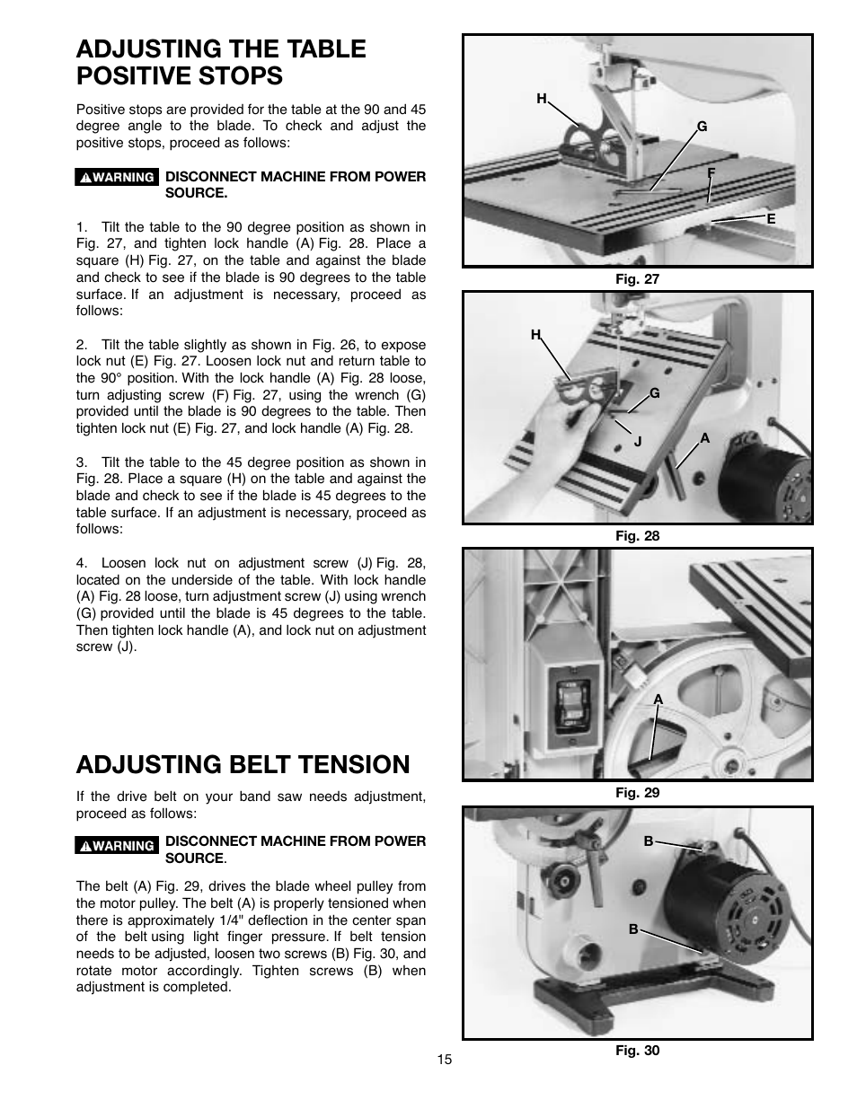 Adjusting the table positive stops, Adjusting belt tension | Delta ShopMaster SM400 User Manual | Page 15 / 72