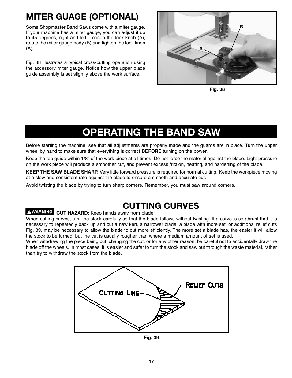Operating the band saw, Cutting curves, Miter guage (optional) | Delta ShopMaster SM400 User Manual | Page 17 / 72