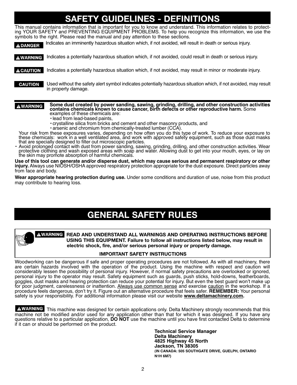 Safety guidelines - definitions, General safety rules | Delta ShopMaster SM400 User Manual | Page 2 / 72