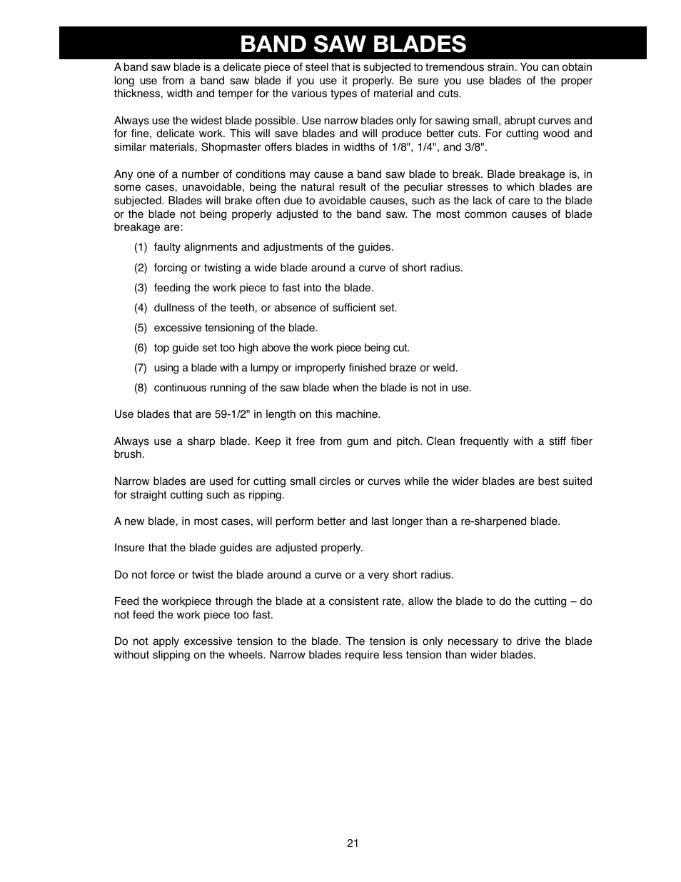 Band saw blades | Delta ShopMaster SM400 User Manual | Page 21 / 72