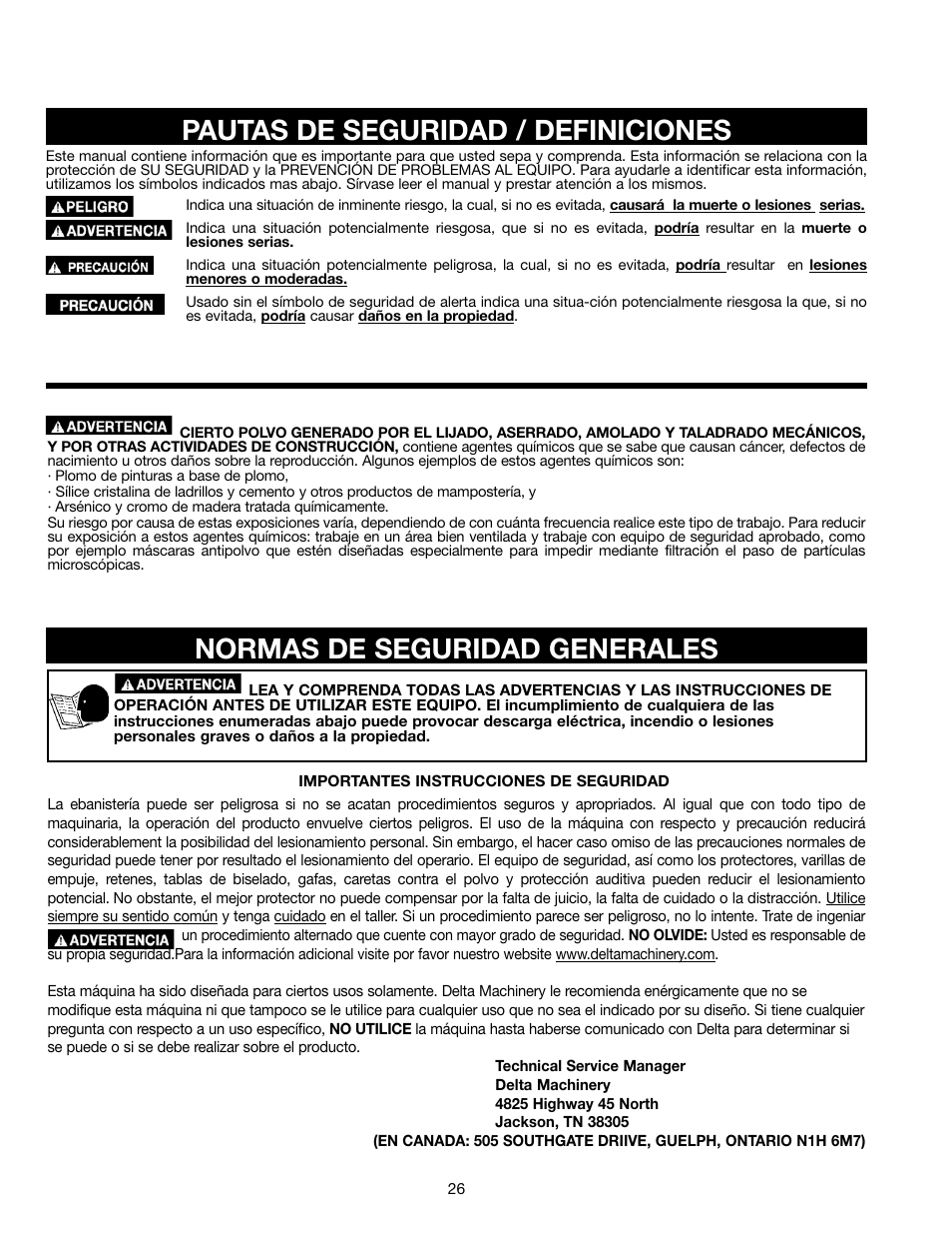 Pautas de seguridad / definiciones, Normas de seguridad generales | Delta ShopMaster SM400 User Manual | Page 26 / 72