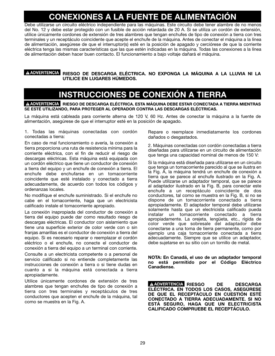 Conexiones a la fuente de alimentación, Instrucciones de conexión a tierra | Delta ShopMaster SM400 User Manual | Page 29 / 72