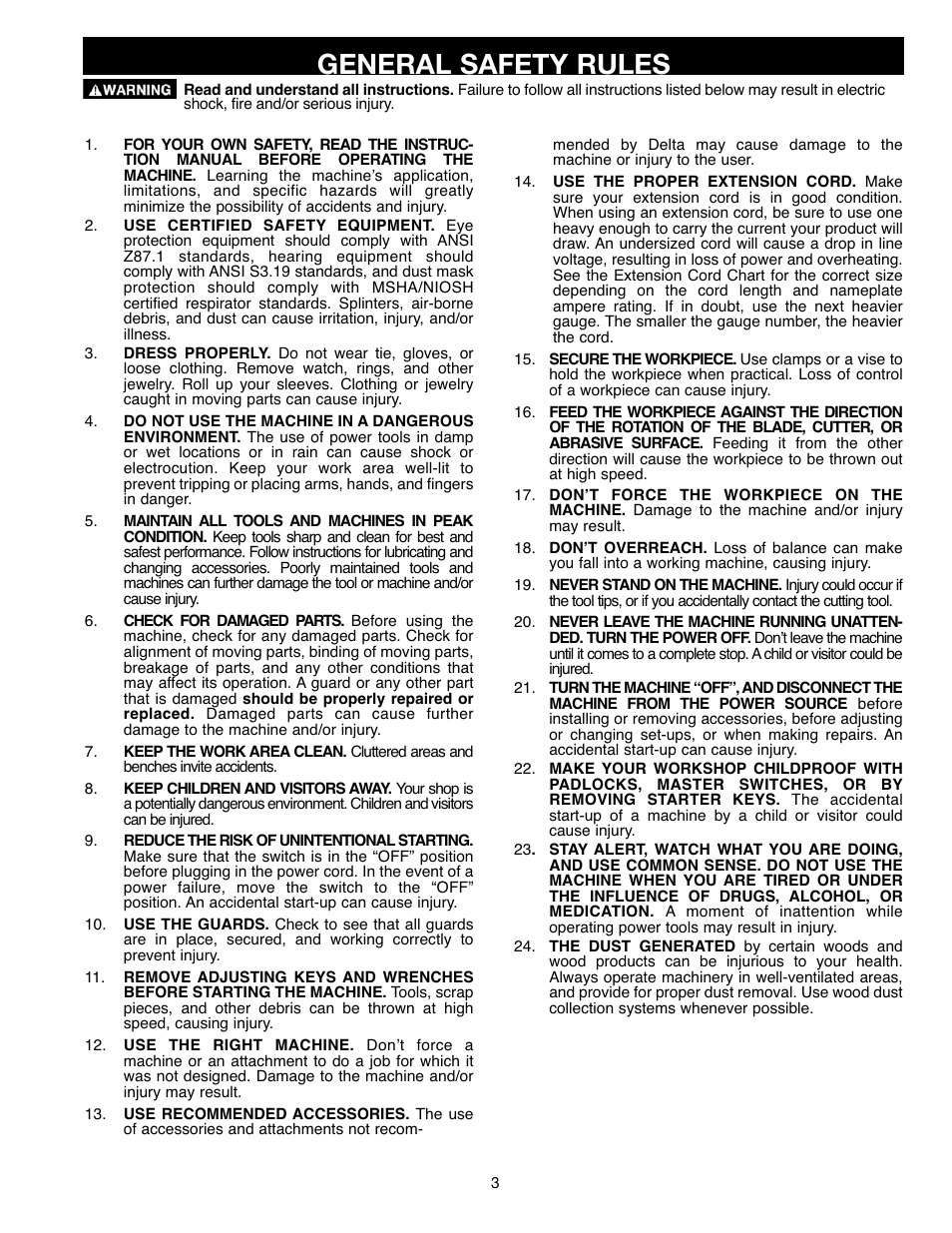 General safety rules | Delta ShopMaster SM400 User Manual | Page 3 / 72
