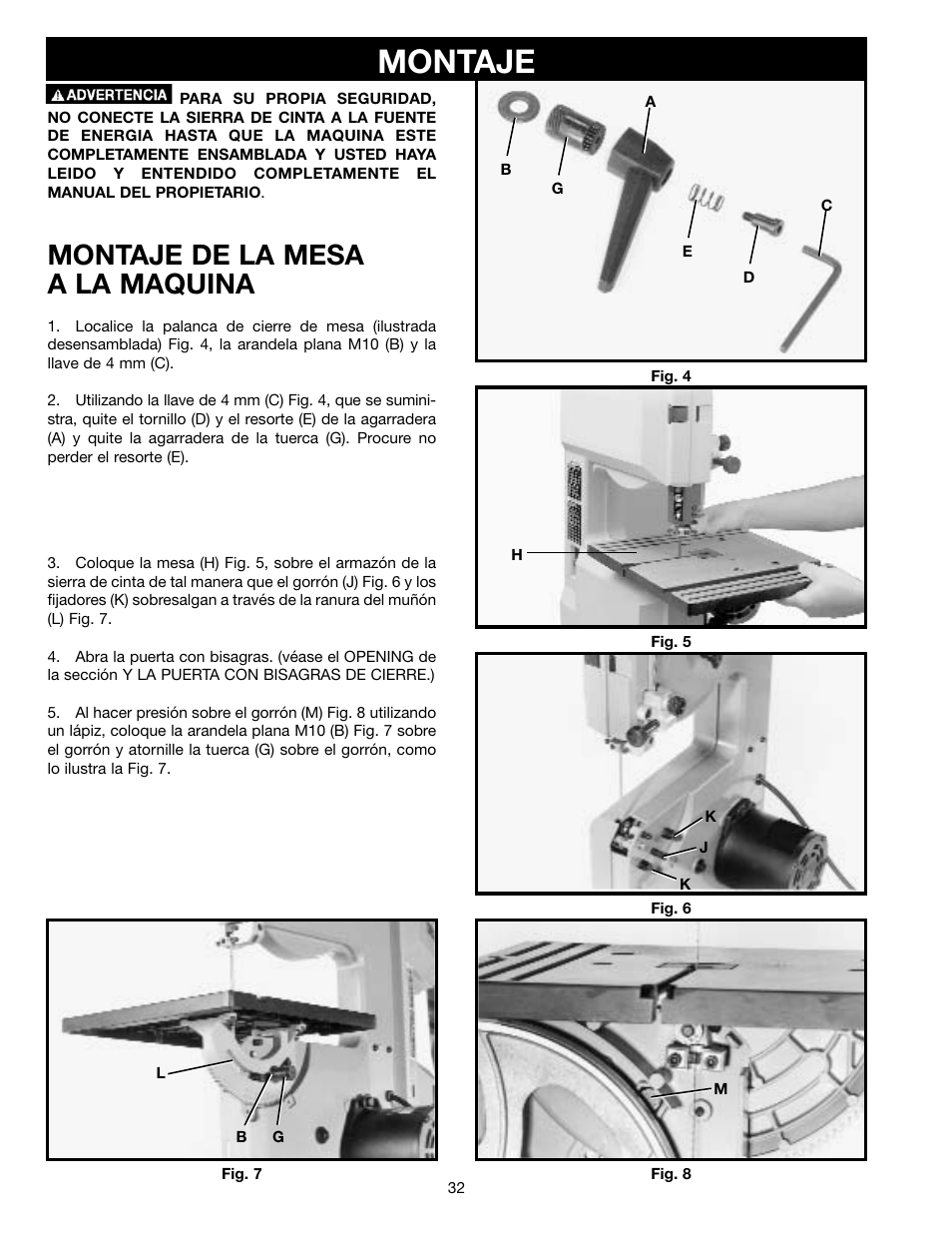 Montaje, Montaje de la mesa a la maquina | Delta ShopMaster SM400 User Manual | Page 32 / 72