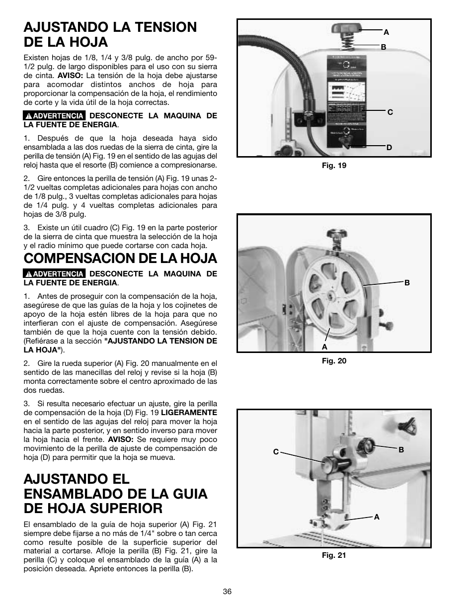 Ajustando la tension de la hoja, Compensacion de la hoja | Delta ShopMaster SM400 User Manual | Page 36 / 72