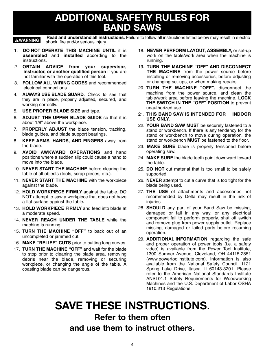 Save these instructions, Additional safety rules for band saws | Delta ShopMaster SM400 User Manual | Page 4 / 72